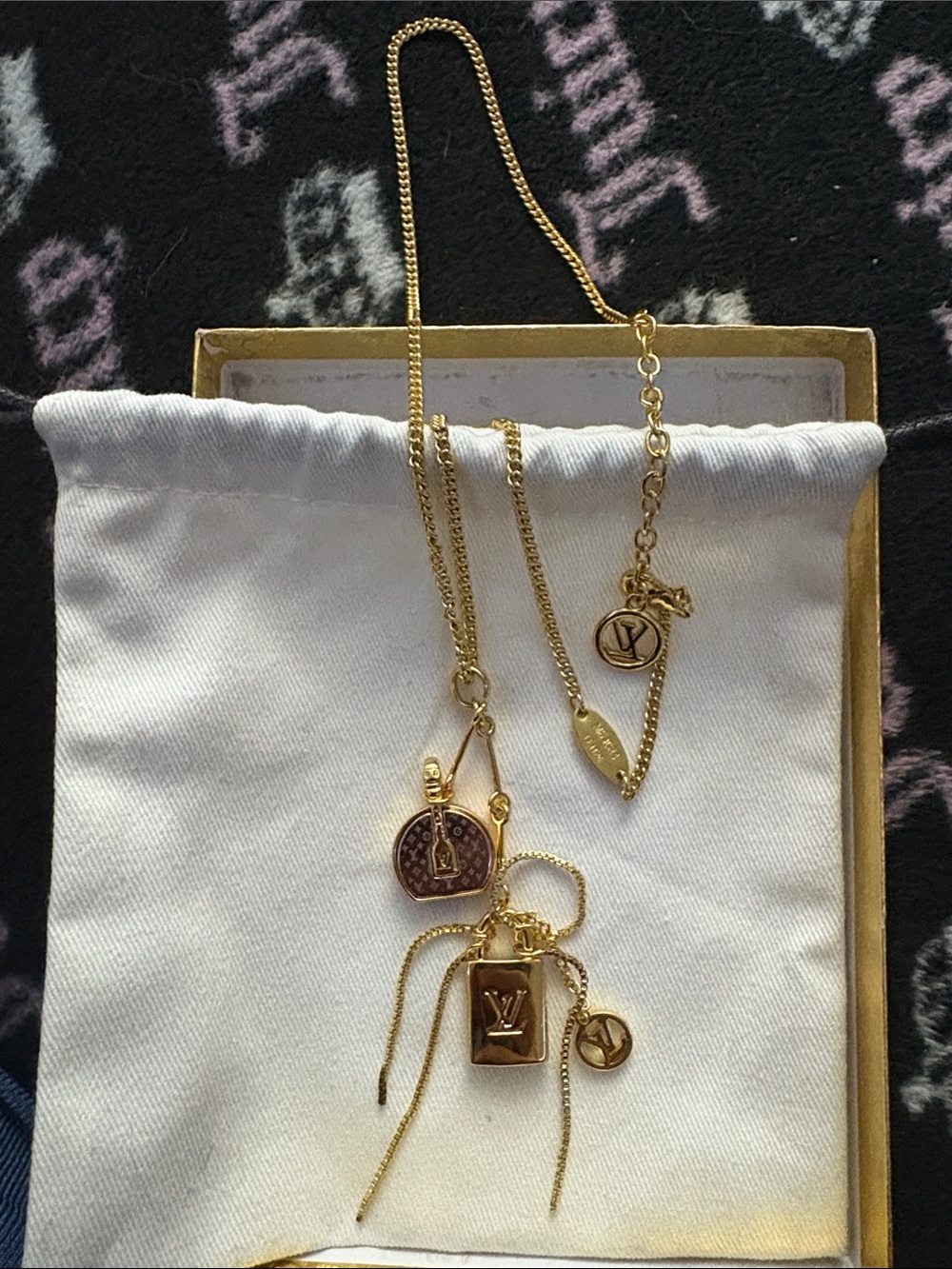Gold-tone Logo Charm Pendant Necklace Set with LV Medallions